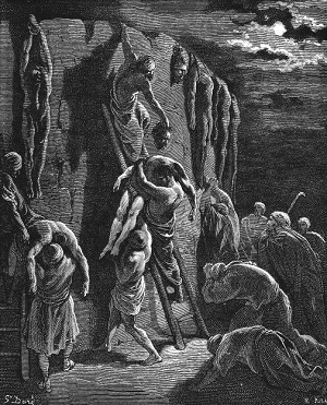 اهل يابيش جلعاد ينزلون شاول وابناؤه من على السور